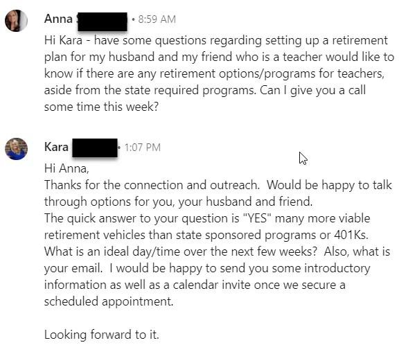 Screenshot: A teacher-retirement question, straight to the inbox.